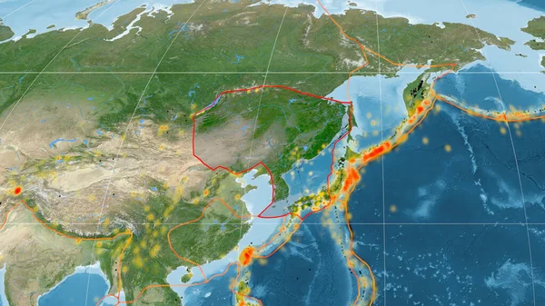 Amurova Tektonická Deska Nastíněná Globálních Satelitních Snímcích Mollweidově Projekci Vykreslování — Stock fotografie