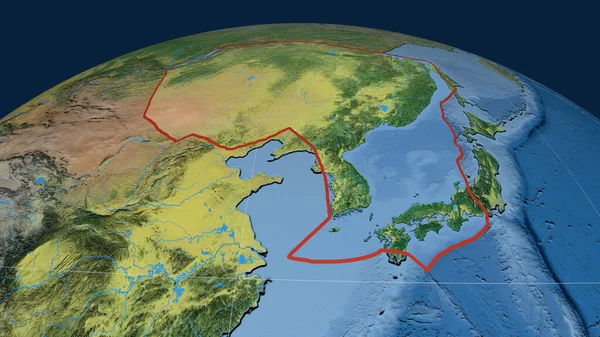 Placa Tectónica Amur Delineada Globo Mapa Topográfico Renderizado — Foto de Stock