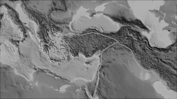 Tektoniska Plattor Gränsar Till Den Gråa Kartan Över Områden Närheten — Stockfoto