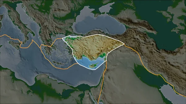 Omlijnde Anatolische Tektonische Plaat Fysieke Kaart Gescheiden Door Desaturatie Van — Stockfoto