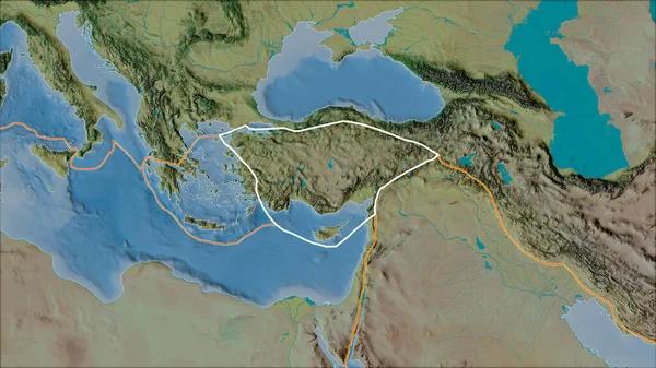 Zarysowana Anatolijska Płyta Tektoniczna Granice Sąsiadujących Płyt Mapie Topograficznej Projekcji — Zdjęcie stockowe