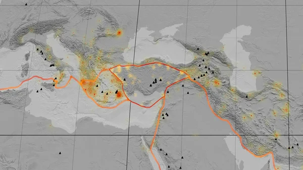 Anatolijská Tektonická Deska Nastíněná Globální Výškové Mapě Stupních Šedi Projekci — Stock fotografie