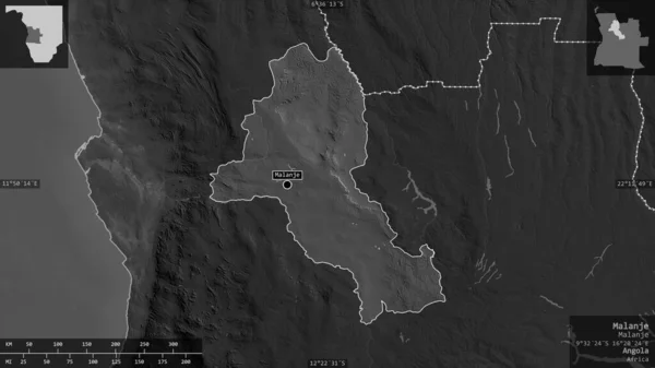 Маланье Провинция Ангола Карта Масштабе Grayscaled Лаками Риверами Форма Представленная — стоковое фото