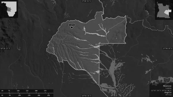 Мохіко Провінція Ангола Граймасштабна Карта Озерами Річками Форма Представлена Проти — стокове фото