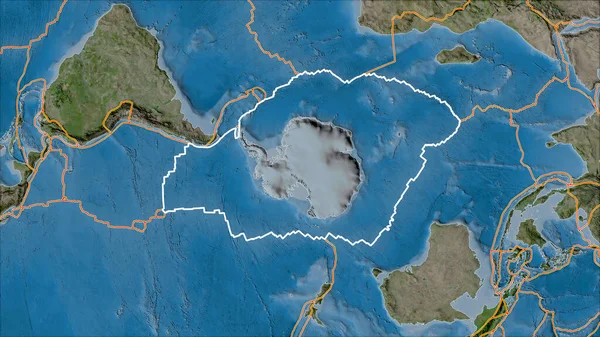 Placa Tectónica Antártida Delineada Bordes Placas Adyacentes Mapa Del Satélite — Foto de Stock