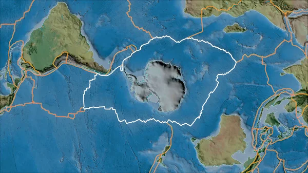 Placa Tectónica Antártida Delineada Bordes Placas Adyacentes Mapa Topográfico Proyección —  Fotos de Stock