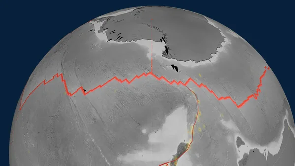 Placa Tectónica Antártica Delineada Globo Mapa Elevação Escala Cinza Renderização — Fotografia de Stock