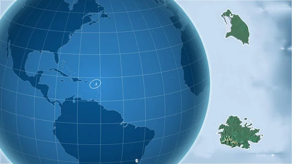 Антигуа Барбуда Глобус Формі Країни Проти Масштабованої Карти Контуром Карта — стокове фото