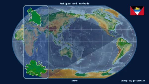 Přiblížený Pohled Antiguu Barbudu Perspektivními Liniemi Proti Globální Mapě Projekci — Stock fotografie