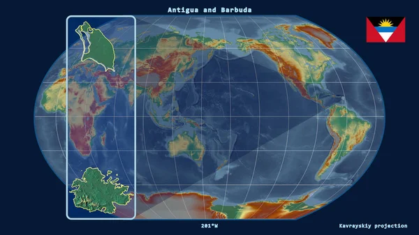 Увеличенный Вид Антигуа Барбуды Перспективными Линиями Против Глобальной Карты Каврайской — стоковое фото