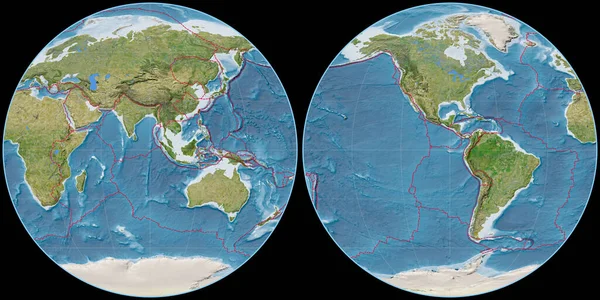 Apian Projeksiyonundaki Dünya Haritası Doğu Boylamına Odaklı Uydu Görüntüsü Raster — Stok fotoğraf