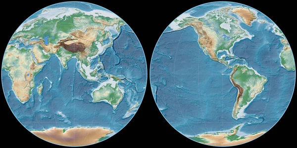 Apian Projeksiyonundaki Dünya Haritası Doğu Boylamına Odaklı Renkli Gölgeleyici Yükseklik — Stok fotoğraf
