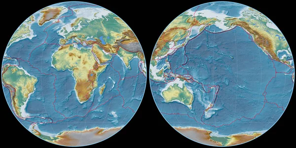 阿皮亚投影中的世界地图以东经11度为中心 地形图 具有满意边界和构造板块边界的栅格组合 3D插图 — 图库照片