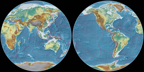 Světová Mapa Projekci Apian Soustředila Východní Délky Topografická Reliéfní Mapa — Stock fotografie