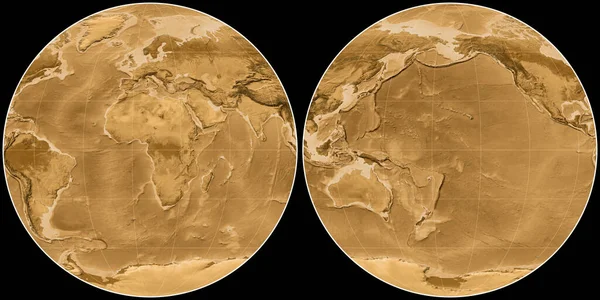 Världskartan Apiens Projektion Centrerad Östlig Longitud Sepia Tonad Höjd Karta — Stockfoto
