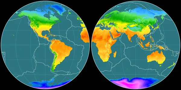 阿皮亚投影中的世界地图以西经90度为中心 年平均温度图 具有满意和构造板块边界的栅格组合 3D插图 — 图库照片