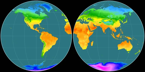 阿皮亚投影中的世界地图以西经90度为中心 平均年温度图 具有满意性能的栅格原料复合材料 3D插图 — 图库照片