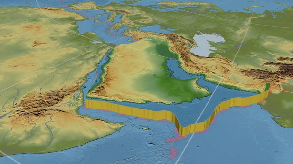 アラビア テクトニック プレートは 破線プレートの境界とともに 方位角等距離の投影で地球の色物理学的地図を拡大し 押出しました 3Dレンダリング — ストック写真