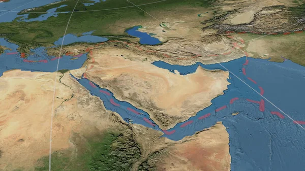 アラビア語のテクトニックプレートは 破線プレートの境界を持つ方位角等距離投影における世界的な衛星画像を概観します 3Dレンダリング — ストック写真