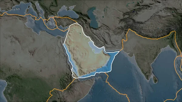 Nakreślona Arabska Płyta Tektoniczna Satelicie Mapa Oddzielona Desaturacją Przyległych Obszarów — Zdjęcie stockowe