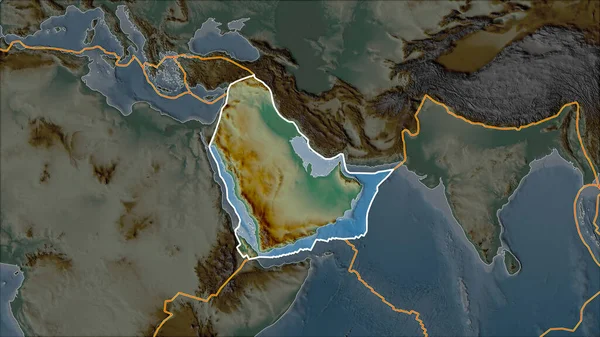 Outlined Arabian tectonic plate on the relief map separated by desaturation of its adjacent areas. Van der Grinten I projection (oblique transformation)