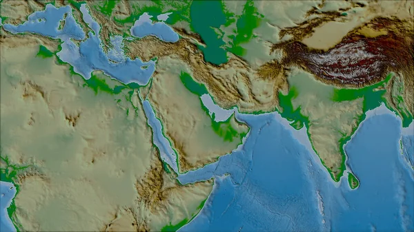 Neighborhoods of the Arabian tectonic plate on the physical map in the van der Grinten I projection (oblique transformation). Raw composite - no outlines
