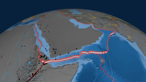 Arabska Płyta Tektoniczna Wytłoczona Kuli Ziemskiej Topografia Batymetria Kolorowa Mapa — Zdjęcie stockowe