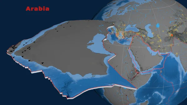 Arabian tectonic plate described, extruded and presented against the globe. topography and bathymetry colored elevation map. 3D rendering