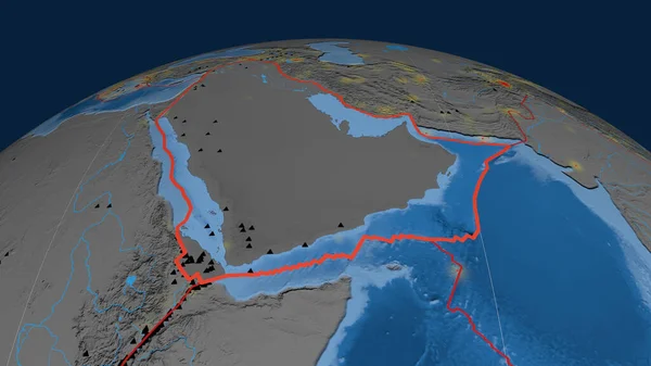 Arabska Płyta Tektoniczna Zarysowana Globie Topografia Batymetria Kolorowa Mapa Elewacji — Zdjęcie stockowe