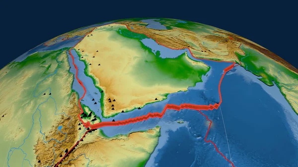 Arabian tectonic plate extruded on the globe. color physical map. 3D rendering