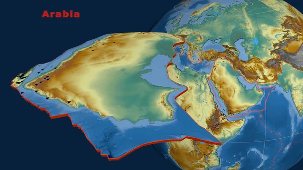 Arabian tectonic plate described, extruded and presented against the globe. topographic relief map. 3D rendering
