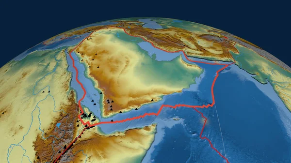 Arabian tectonic plate outlined on the globe. topographic relief map. 3D rendering