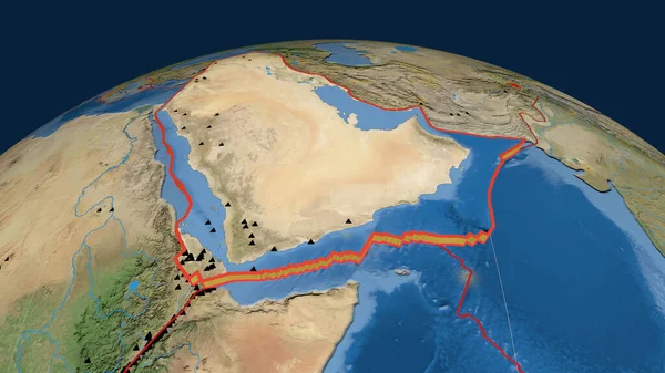Arabian tectonic plate extruded on the globe. satellite imagery. 3D rendering