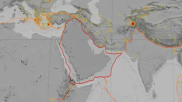 在Kavrayskiy投影中 全球灰度高程地图上勾勒出的阿拉伯板块 3D渲染 — 图库照片