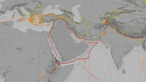 Arabská Tektonická Deska Nastíněná Globální Mapě Nadmořské Výšky Stupních Šedi — Stock fotografie
