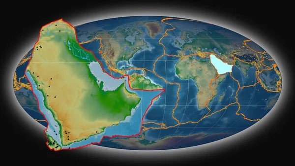 Arabian tectonic plate extruded and presented against the global color physical map in the Mollweide projection. 3D rendering