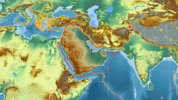 Placa Tectónica Árabe Delineada Mapa Topográfico Global Relieve Proyección Mollweide — Foto de Stock