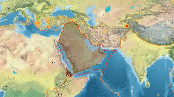 Arabian tectonic plate outlined on the global topographic map in the Mollweide projection. 3D rendering