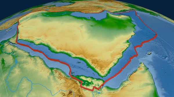 Arabian tectonic plate extruded on the globe. color physical map. 3D rendering