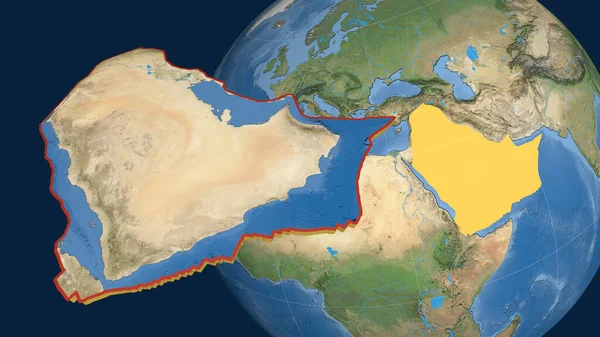 Arabian tectonic plate extruded and presented against the globe. satellite imagery. 3D rendering