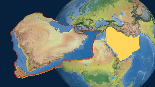 Placa Tectônica Árabe Extrudida Apresentada Contra Globo Mapa Topográfico Renderização — Fotografia de Stock