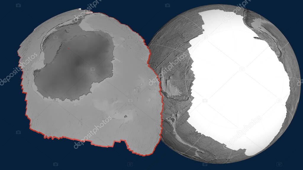 Antarctica tectonic plate extruded and presented against the globe. grayscale elevation map. 3D rendering