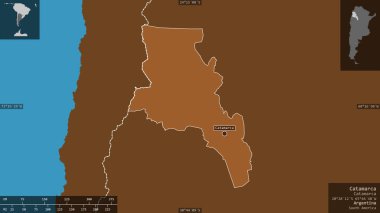 Catamarca, Arjantin vilayeti. Gölleri ve nehirleri olan katı yapılar. Ülke alanına karşı bilgilendirici örtülerle sunulan şekil. 3B görüntüleme
