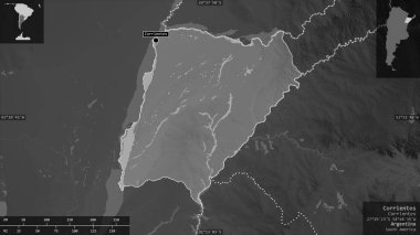 Corrientes, Arjantin vilayeti. Gölleri ve nehirleri olan gri tonlu bir harita. Ülke alanına karşı bilgilendirici örtülerle sunulan şekil. 3B görüntüleme
