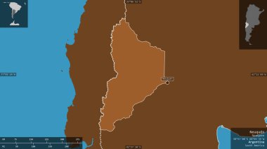 Neuquen, Arjantin vilayeti. Gölleri ve nehirleri olan katı yapılar. Ülke alanına karşı bilgilendirici örtülerle sunulan şekil. 3B görüntüleme