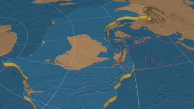 Australiann tektonik plakası genişletildi, dışarı çıkarıldı ve Azimuthal Eşit uzaklıktaki kenarlı küresel gri ölçekli yükseklik haritası doğu tarafında döndürüldü. 3B görüntüleme