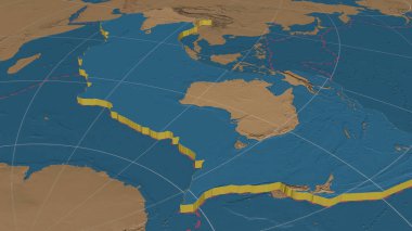 Australiann tektonik plakası, Azimuthal Equidistance projeksiyonunda kenarları kesik küresel gri ölçekli yükselme haritasını genişletti ve çıkardı. 3B görüntüleme