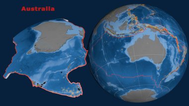 Avustralya tektonik plakası tanımlandı, çıkarıldı ve dünyaya karşı sunuldu. topoğrafya ve batimetri renkli yükseklik haritası. 3B görüntüleme