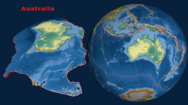 Avustralya tektonik plakası tanımlandı, çıkarıldı ve dünyaya karşı sunuldu. Topoğrafik yardım haritası. 3B görüntüleme