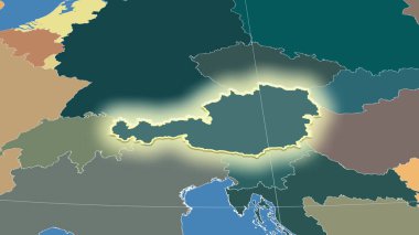 Avusturya ve komşuları. Uzak eğimli perspektif - şekil parlıyordu. idari bölümlerin renk haritası